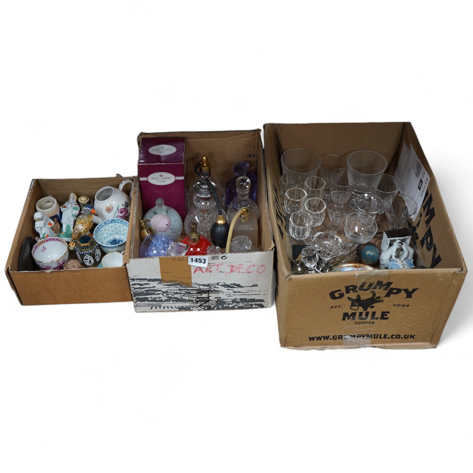 A collection of sundry items to include glass scent bottles, 19th century drinking glasses and porcelain